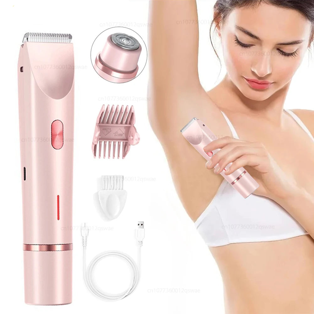Bikitri hair removal device with attachments and a woman using it on her arm.