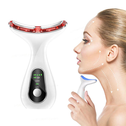 Facial device with digital display and woman using it on face, brand 'Bikitri' visible